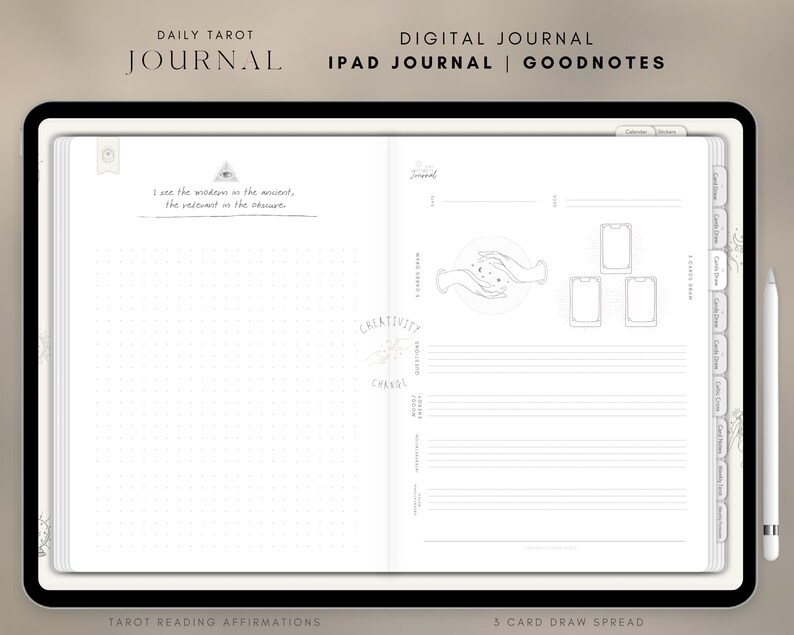 K&ouml;nnte beinhalten: Eine digitale Journal-Vorlage f&uuml;r Goodnotes auf dem iPad, mit einem t&auml;glichen Tarot-Lesesystem mit einem 3-Karten-Ziehen. Die Vorlage hat einen wei&szlig;en Hintergrund mit schwarzem Text und Illustrationen. Der Text enth&auml;lt "Daily Tarot Journal", "Tarot Reading Affirmations" und "3 Card Draw Spread".