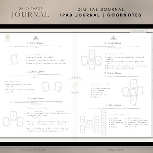 K&ouml;nnte beinhalten: Eine digitale Journal-Vorlage f&uuml;r iPad-Benutzer, mit einem t&auml;glichen Tarot-Spread mit f&uuml;nf verschiedenen Kartenziehungen. Die Vorlage enth&auml;lt einen keltischen Kreuz-Spread und Beispiele f&uuml;r die Verwendung der Spreads. Das Journal ist f&uuml;r die Verwendung mit der Goodnotes-App konzipiert.