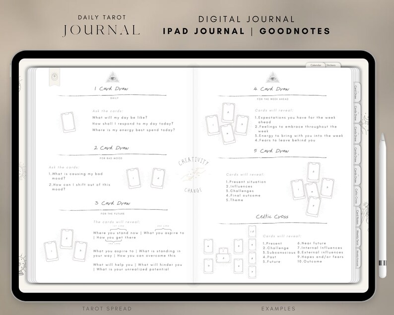 K&ouml;nnte beinhalten: Eine digitale Journal-Vorlage f&uuml;r iPad-Benutzer, mit einem t&auml;glichen Tarot-Spread mit f&uuml;nf verschiedenen Kartenziehungen. Die Vorlage enth&auml;lt einen keltischen Kreuz-Spread und Beispiele f&uuml;r die Verwendung der Spreads. Das Journal ist f&uuml;r die Verwendung mit der Goodnotes-App konzipiert.
