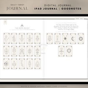 K&ouml;nnte beinhalten: Eine digitale Journal-Vorlage f&uuml;r iPad-Benutzer, die die Goodnotes-App verwenden. Die Vorlage bietet ein t&auml;gliches Tarot-Layout mit Aufklebern der Major Arcana-Karten. Der Text "DAILY TAROT JOURNAL" und "DIGITAL JOURNAL | IPAD JOURNAL | GOODNOTES" befindet sich oben auf der Seite. Der Text "THE MAJOR ARCANA" befindet sich in der Mitte der Seite. Der Text "MAJOR & MINOR ARCANA TAROT CARD STICKERS" befindet sich unten auf der Seite.