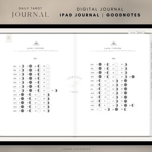 K&ouml;nnte beinhalten: Eine digitale Journal-Seite mit einem Mondkalender f&uuml;r 2021 und 2022. Der Kalender zeigt die Mondphasen f&uuml;r jeden Monat. Die Seite tr&auml;gt den Titel "Mondkalender" und ist Teil eines "T&auml;glichen Tarot-Journals" zur Verwendung mit der Goodnotes-App auf einem iPad.
