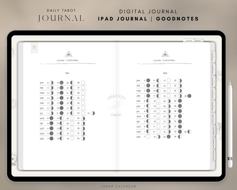 K&ouml;nnte beinhalten: Eine digitale Journal-Seite mit einem Mondkalender f&uuml;r 2021 und 2022. Der Kalender zeigt die Mondphasen f&uuml;r jeden Monat. Die Seite tr&auml;gt den Titel "Mondkalender" und ist Teil eines "T&auml;glichen Tarot-Journals" zur Verwendung mit der Goodnotes-App auf einem iPad.