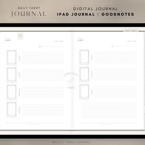 K&ouml;nnte beinhalten: Eine digitale Journal-Vorlage f&uuml;r iPad-Benutzer. Die Vorlage enth&auml;lt ein t&auml;gliches Tarot-Spread mit vier Karten und Platz zum Journaling. Die Vorlage ist f&uuml;r die Verwendung mit der Goodnotes-App konzipiert.