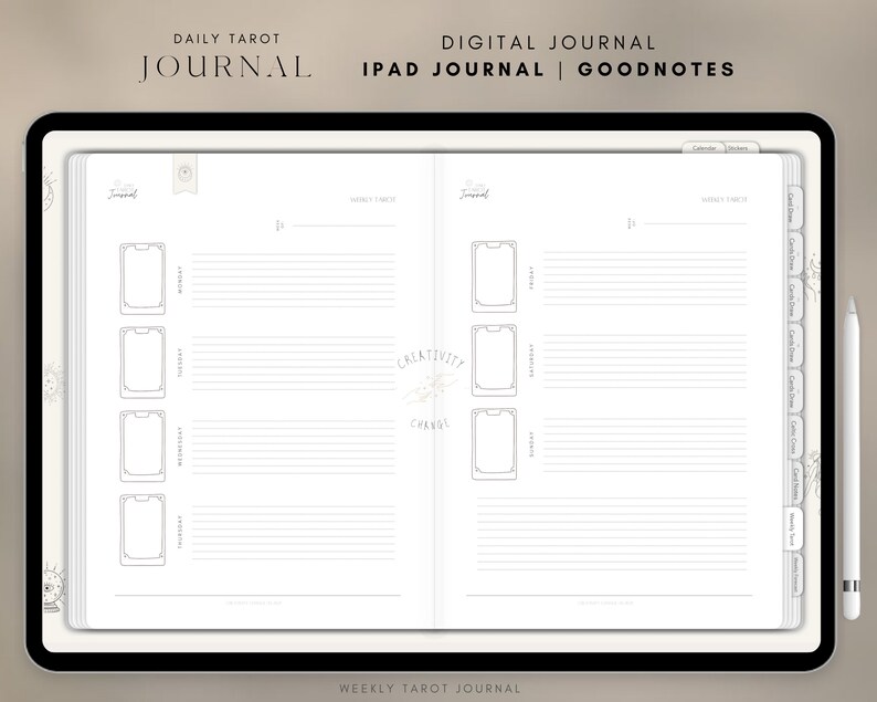 K&ouml;nnte beinhalten: Eine digitale Journal-Vorlage f&uuml;r iPad-Benutzer. Die Vorlage enth&auml;lt ein t&auml;gliches Tarot-Spread mit vier Karten und Platz zum Journaling. Die Vorlage ist f&uuml;r die Verwendung mit der Goodnotes-App konzipiert.