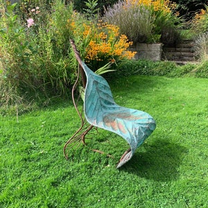 Handmade Copper Leaf Garden Chair: Verdigris Steel Outdoor Seating