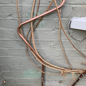 May include: Copper pipe bent into a curved shape, attached to a brick wall with a metal bracket. The pipe is surrounded by dried vines.