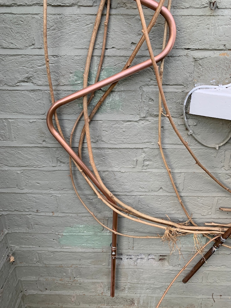 May include: Copper pipe bent into a curved shape, attached to a brick wall with a metal bracket. The pipe is surrounded by dried vines.