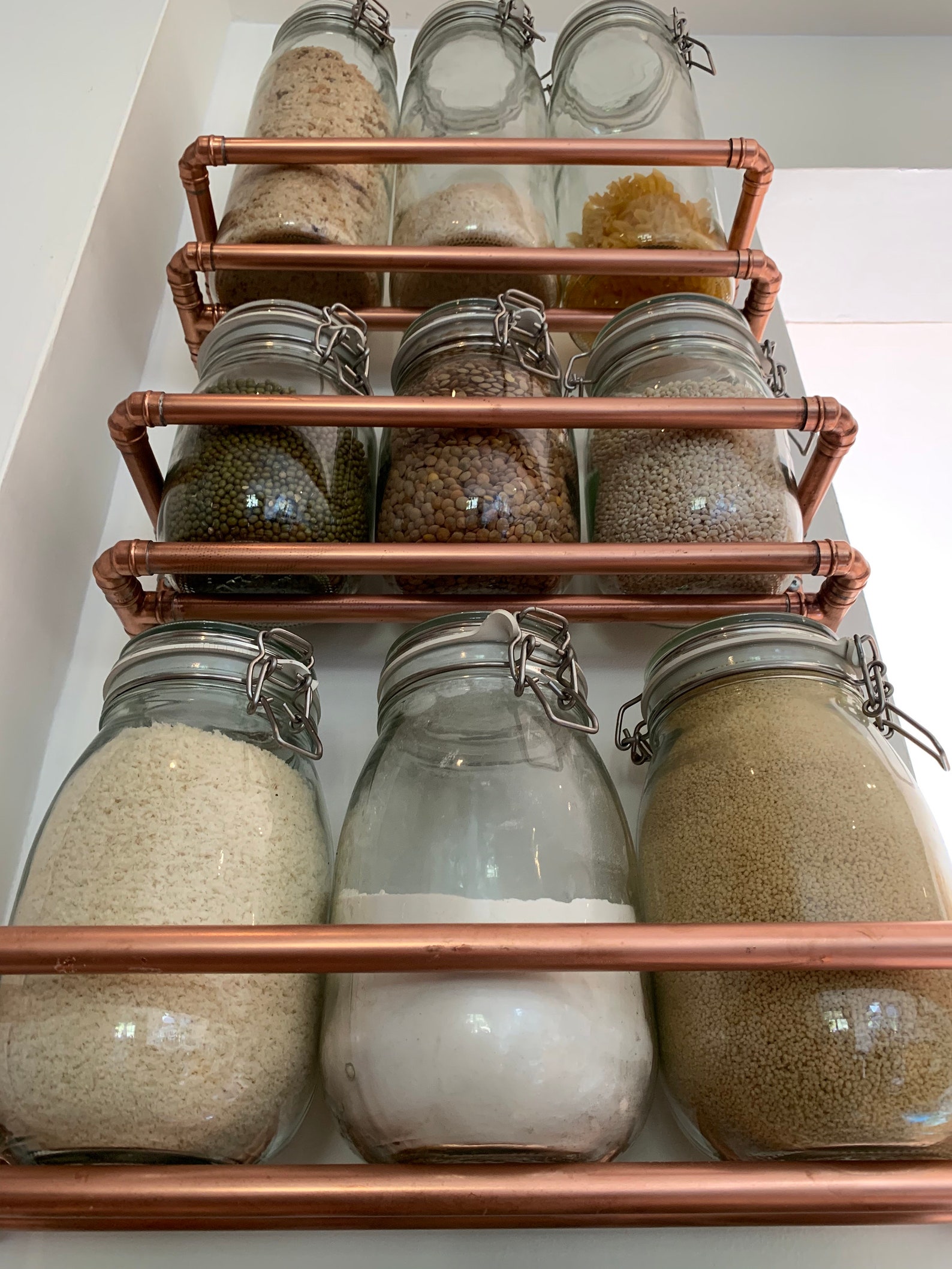 Copper kitchen shelves with jars for dry goods and spice Etsy