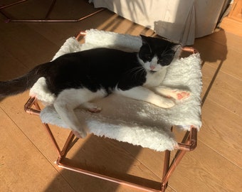 Cat bed, raised copper cat bed, handmade copper and fluffy fleece cat bed, cat tower, cat sleep area, raised cat sleeping system