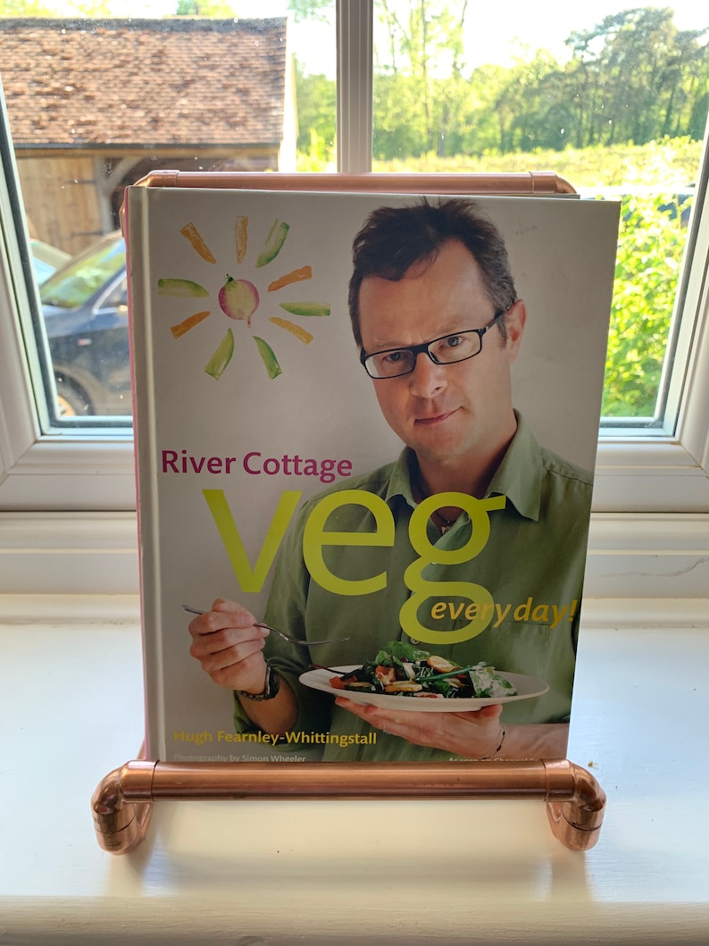 May include: A pink and white cookbook titled "River Cottage Veg everyday!" by Hugh Fearnley-Whittingstall. The book is displayed on a copper pipe book stand.