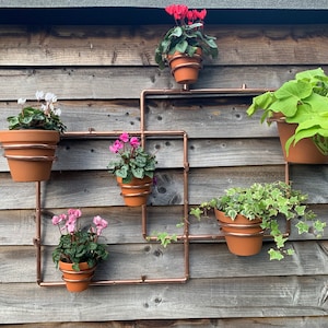 Puede incluir: Un colgador de plantas de tubería de cobre con cinco macetas de terracota que contienen varias plantas, incluyendo ciclamen rosa y blanco, hiedra verde y una planta verde frondosa. El colgador está montado en una pared de madera.