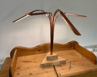 Feature lamp, handmade copper and oak feature table lamp, table centrepiece lamp, side table light