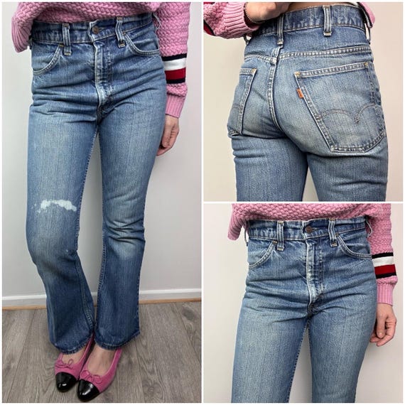 Levis vintage w26/27 L29 flare orange tab bell bottom bleu délavé 70s