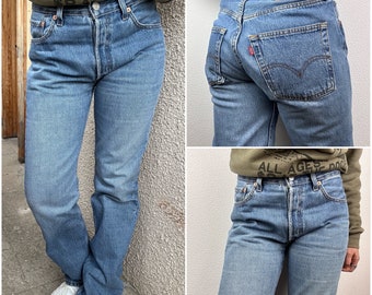 Levis 501 Jeans W28 L33 Vintage 501s Mittelblau Stonewash verblasst 90er Levi's Denim mit geradem Bein und Knopfleiste