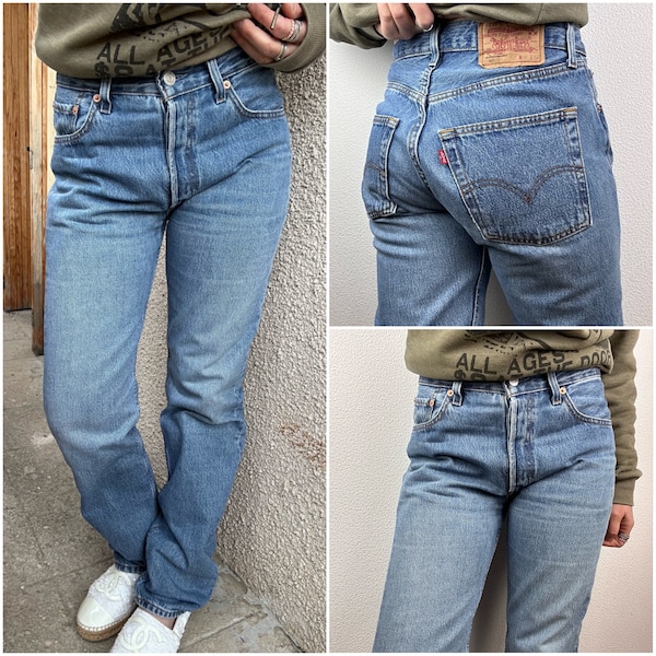 Levis 501 jeans w28 L33 vintage 501s medium blue stonewash faded 90s Levi’s denim straight leg buttonfly