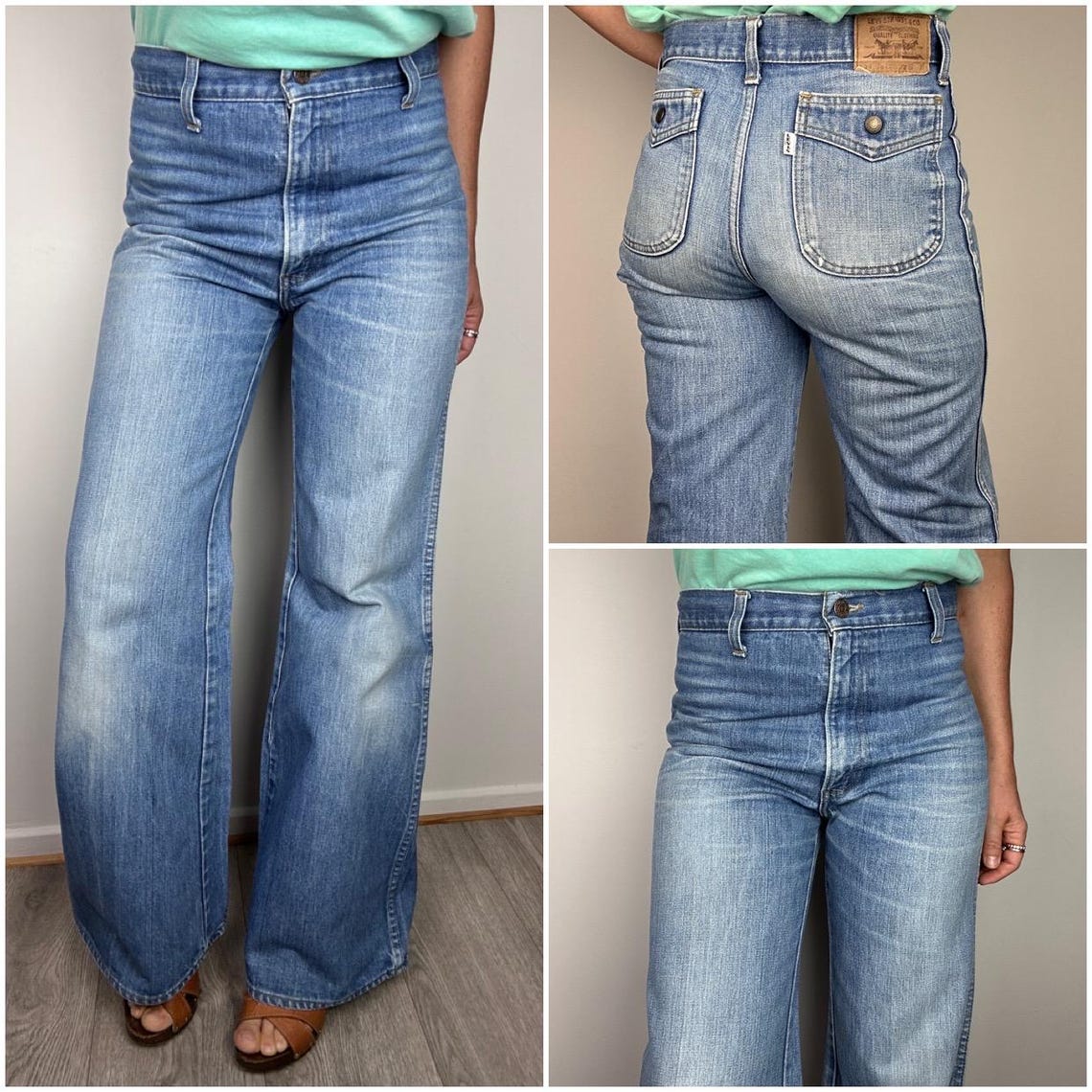 Levis 537 vintage w28 L32 Bush Jeans flared jeans bleu délavé fin 60s/1971 big E white tab bell bottom bootcut, foto 1 di 5
