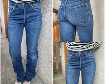 Levis 501 Jeans W26 L32 Vintage 501s dunkelblau roh 80er/90er Levi's Denim gerades Bein Knopfleiste USA