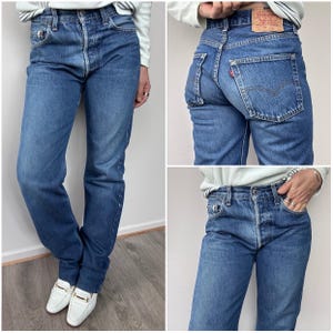 Levi&#39;s 501 vintage w27 L32 jeans 501s donkerblauw stonewashed faded jaren 90 Levi&#39;s rechte pijp knoopsluiting normale pasvorm Frankrijk