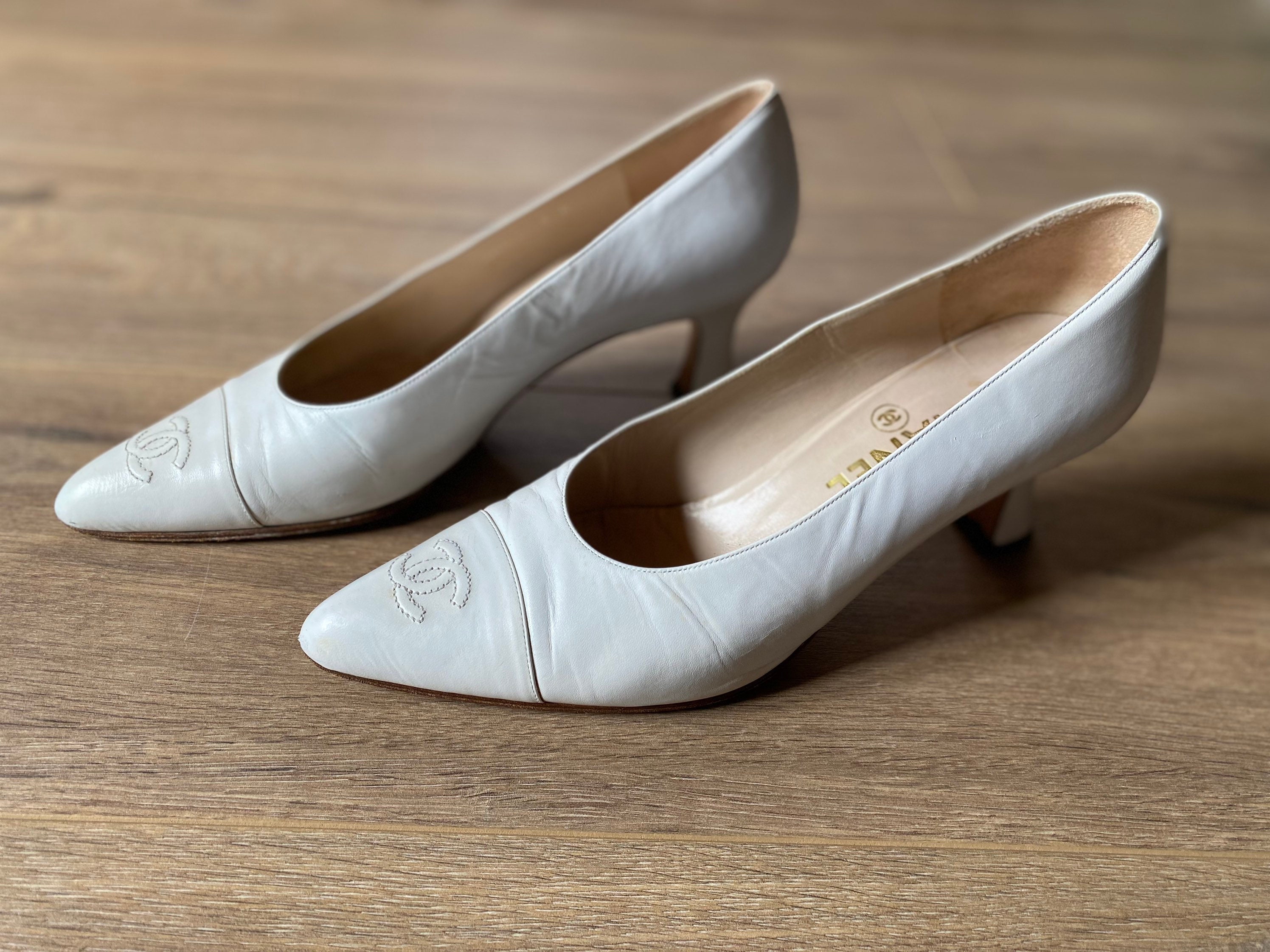 Chanel Vintage Loafers Pumps Heel White Leather Made in France Etsy