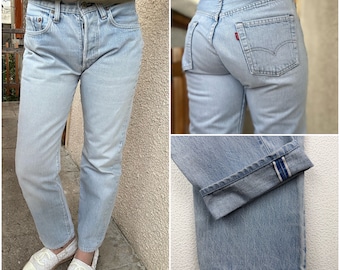 Levis 501 selvedge redline w26 L28 light blue jeans stonewash faded 80s straight leg buttonfly Levi's denim USA