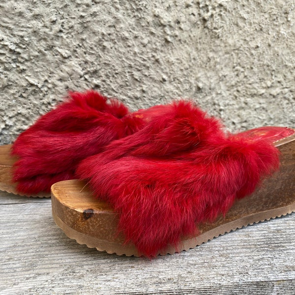 Rare Buffalo London vintage sandales sabots platform chunky fourrure bois rouge EU 39