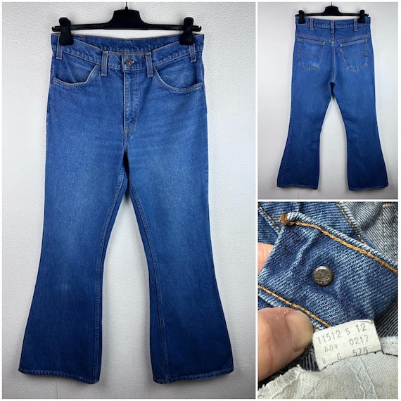 Levis 684-0217 vintage w30/31 L33 flared jeans bleu moyen stonewash 70s orange tab big bell bottom bootcut USA 1976