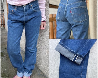 Levis 501 selvedge redline w28 L35 raw dark blue jeans 80s straight leg buttonfly Levi&#39;s denim USA 1982
