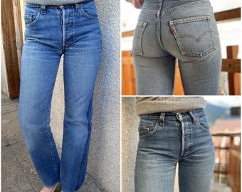 Levi's 501 Jeans W25 L30 Vintage Blue Stonewash verblasst 80er Jahre gerades Bein Knopfleiste Levis Denim Frankreich