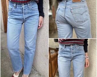 Levi's 501 Jeans W27 L29 Vintage Blue Stonewash verblasst 90er Jahre gerades Bein Knopfleiste Levis Denim USA 1991