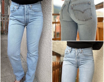 Levi's 501 jeans w25 L32 vintage azzurro stonewash sbiadito gamba dritta con bottoni Levis denim