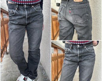 Levi&#39;s 501 jeans w29 L34 vintage faded black 90s made in France straight leg buttonfly Levis denim