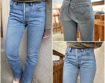 Levis 501 jeans w25 L30 vintage 501s bleu moyen stonewash délavé Levi’s denim straight leg buttonfly UK