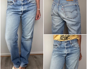 Levis 501 vintage w30 L31 jeans bleu stonewash délavé fin 80s/début 90s straight leg buttonfly Levi’s denim USA