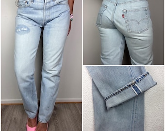 Levi's 501 selvedge redline w27 L30 jeans vintage azul claro stonewash desteñido años 80 pierna recta Levi's denim cierre de botones