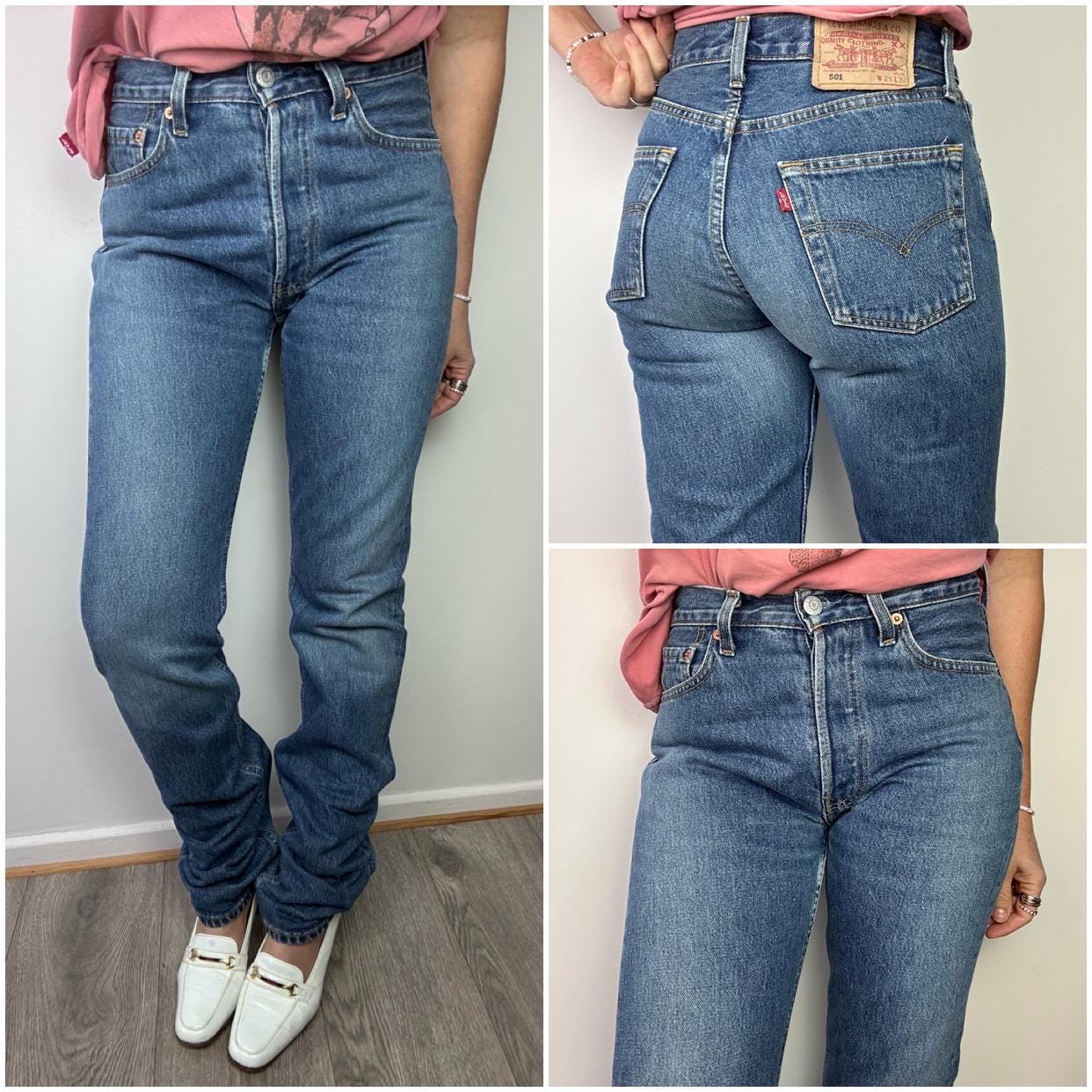 Levis 501 Vintage W26 L34 Jeans 501s Medium Blue Stonewash Faded