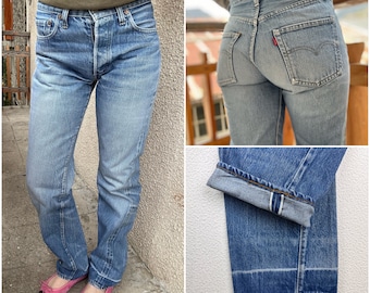 Levis 501 selvedge redline w26 L32 jeans bleu stonewash délavé 80s straight leg buttonfly Levi’s denim USA