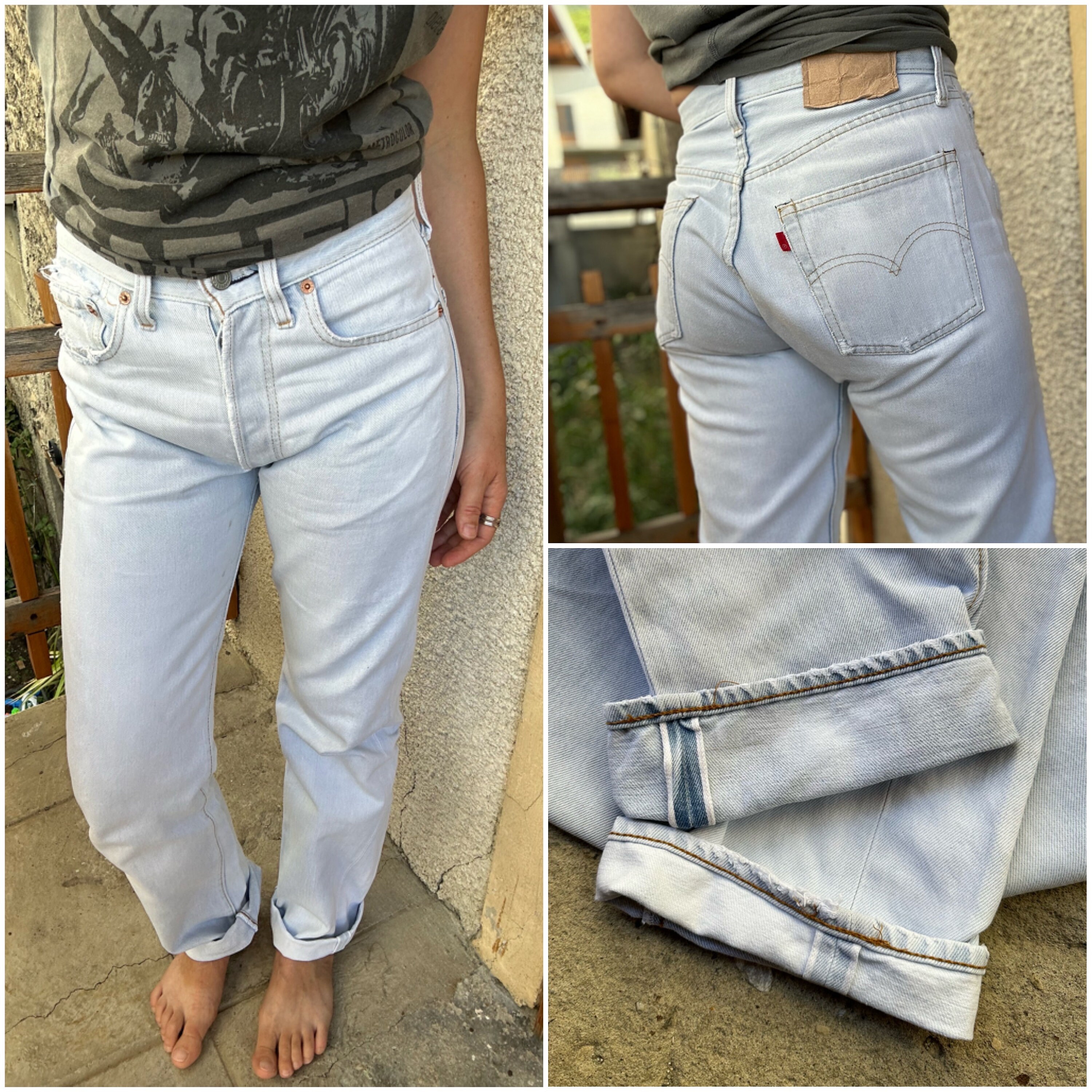 Levis 501 selvedge redline vintage w27 L33 light blue jeans 70s/80s  distressed well worn denim