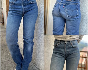 Levi’s 501 jeans w27 L34 vintage bleu foncé stonewash délavé 80s straight leg buttonfly Levis denim USA 1986