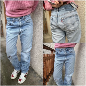 Vintage Levi’s w30 L32 jeans bleu stonewash délavé 80s/90s distressed well worn denim used USA 1990