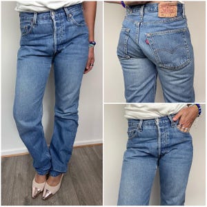 Levi&#39;s 501 vintage w28 L34 jeans 501s medium blauw stonewash vervaagd jaren 90 Levi&#39;s rechte pijp knoopsluiting normale pasvorm Frankrijk 1995