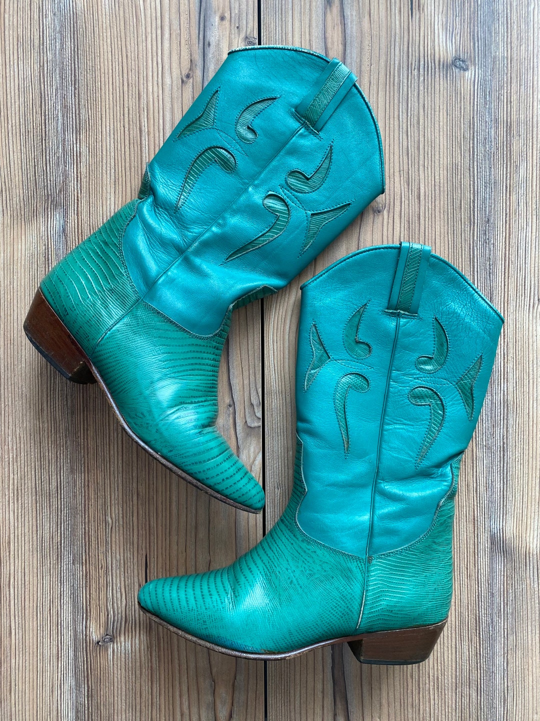 Vintage Boots Green Leather Cowboy Cowboy Boots Western Boho Made in