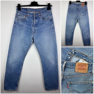 Levis 501 vintage w31 L33 jeans medium blue stonewash faded straight leg buttonfly regular fit Levi’s denim