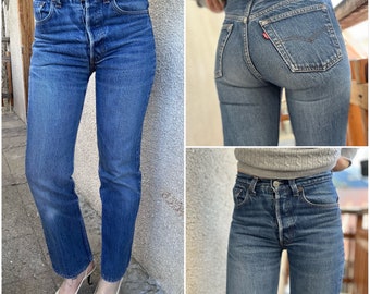 Levi's 501 jeans w25 L29 vintage azul oscuro crudo descolorido 80s pierna recta botón Levis denim USA