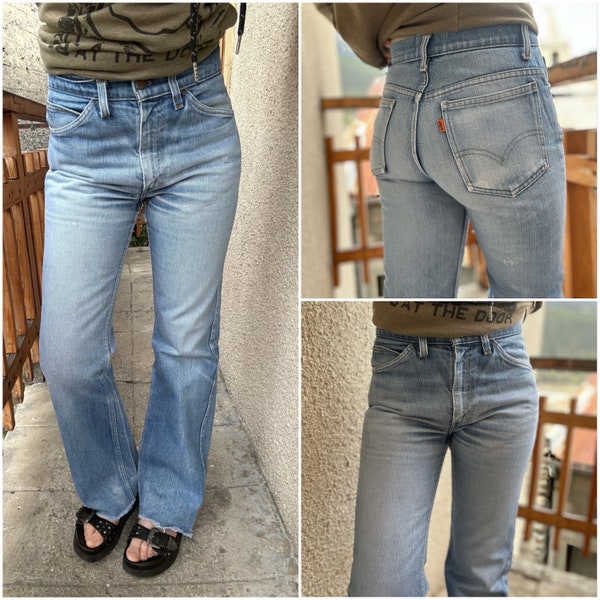 Vintage Levis w26/27 L31 flares orange tab big E bootcut flared jeans Levi’s bleu délavé 70s seventies