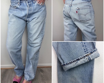 Levi's 501 selvedge redline w31 L29 vintage stonewash blauwe jeans, vervaagd, jaren 80, Levi's denim, rechte pijpen, knoopsluiting, VS