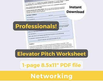Elevator Pitch Worksheet for Professionals | Job Interview (Instant Download PDF)