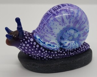 Purple and Blue Resin Snail Figure Statue Hand-Painted - Unique and One of a Kind attached to a River Rock