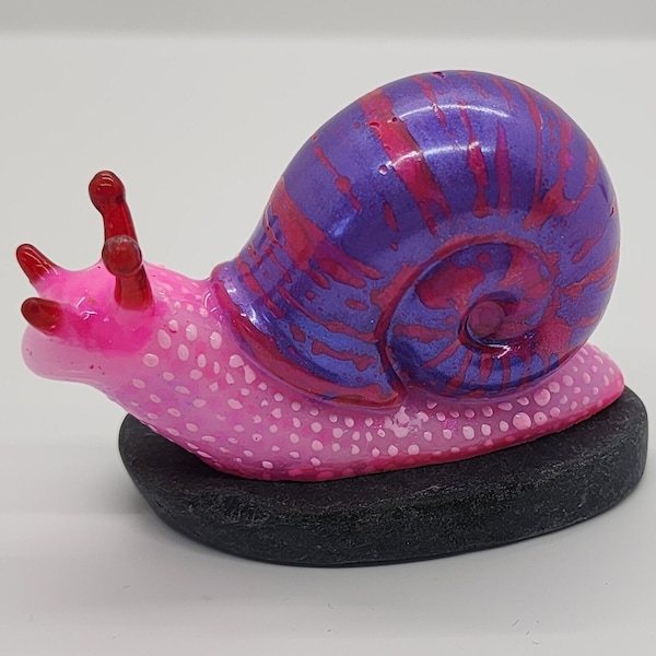 Beautiful Hand-Painted Neon Pink and Purple Resin Snail Figure Statue - Unique and One of a Kind on a River Rock