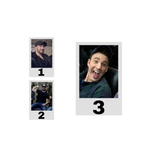 May include: Three polaroid-style photos. The first shows a person wearing a black cap and jacket. The second shows a person in a black t-shirt and cap. The third photo shows a person with a wide open mouth, wearing a cap and plaid shirt. Each photo has a number.