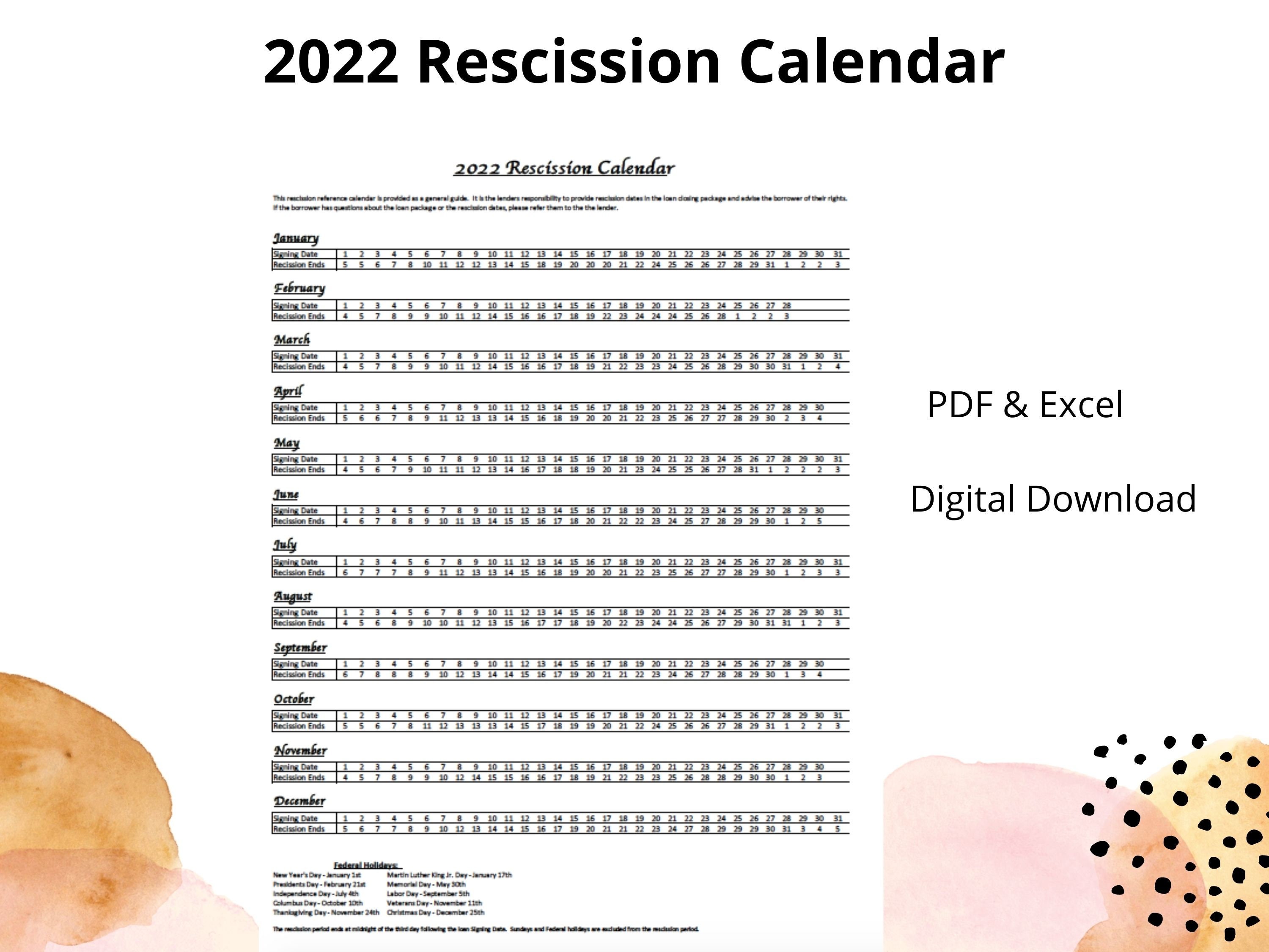 2022 Rescission Calendar for Loan Signing Agents Business Etsy UK